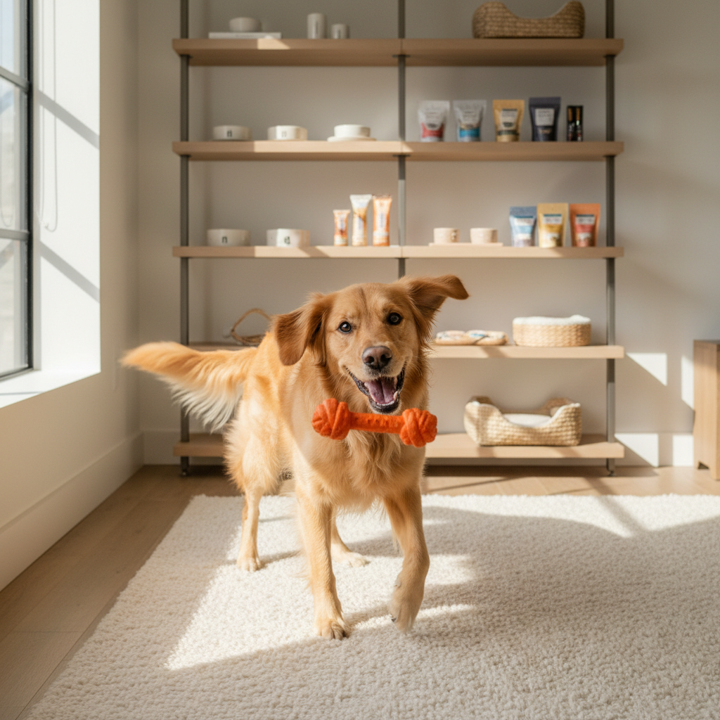 Panel 1 — dog with orange toy